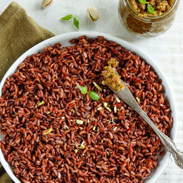 Riso rosso con pesto di pistacchi e mandorle mygreenfood